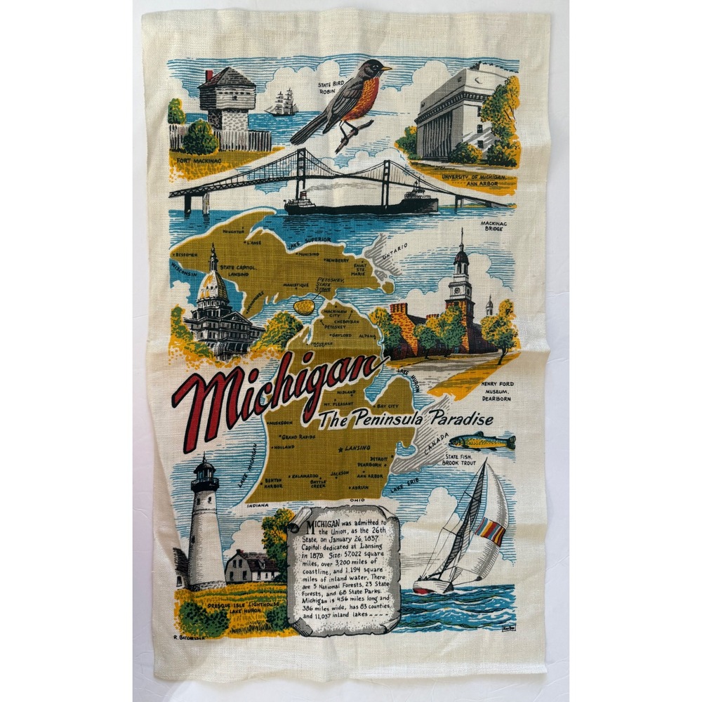 Vintage Michigan Souvenir Tea Towel Map Peninsula Paradise Mackinac Bridge Linen
